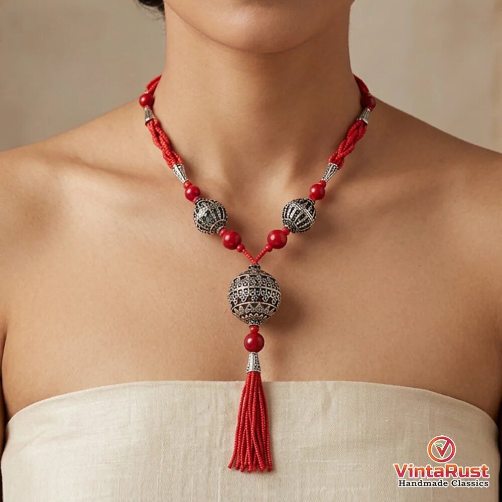 Handmade Red Beaded Necklace: Tribal Tassel Pendant, Bohemian Jewelry
